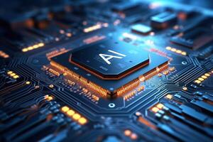 3d framställa ai artificiell intelligens teknologi cpu central processor enhet chipset på de tryckt krets styrelse för elektronisk och teknologi begrepp Välj fokus grund djup av fält generativ ai foto