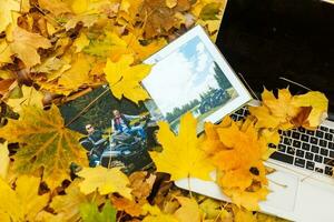 Foto bok på de gul löv topp se. rustik Foto av höst sammansättning
