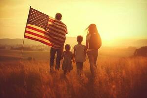 patriotisk Semester. tillbaka se av Lycklig familj, föräldrar och döttrar barn flickor med amerikan flagga utomhus. USA fira 4:e av juli. hög kvalitet Foto generativ ai