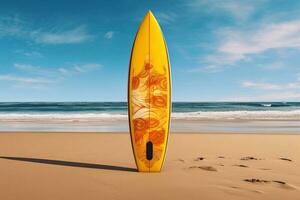 surfingbräda attrapp på de strand generativ ai foto