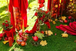 höst fortfarande liv Foto zon dekor ukraina ryssland viburnum träd äpplen tunna hjul hö korg röd orange falla