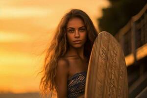 surfa flicka på de solnedgång generativ ai foto