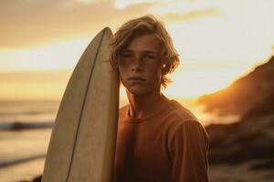 självsäker pojke bärande surfingbräda medan stående på havet i solnedgång generativ ai foto