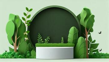 eco produkt baner, podium plattform, skede piedestal med grön natur och tropisk växt löv, träd, 3d papper. tom bakgrund för produkt reklam. generativ ai foto