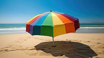 en färgrik strand paraply på en sandig strand. generativ ai foto