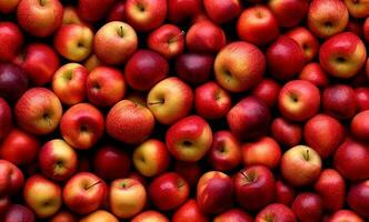 mogen sommar äpplen närbild. äpple bakgrund för skärmsläckare, banderoller, täcker, pedagogisk spel. ai genererad foto