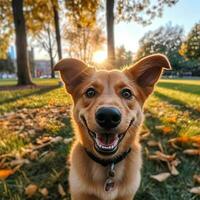 röd Lycklig hund närbild i höst parkera på gryning. slät. leende glad hund för en promenad. generativ ai foto