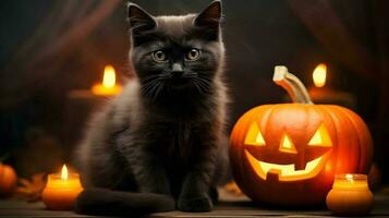 halloween söt svart katt och pumpa lyktor. ai genererad bild foto