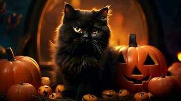 halloween söt svart katt och pumpa lyktor. ai genererad bild foto