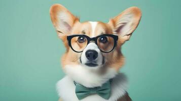 söt corgi professor bär glasögon. ai genererad bild. foto