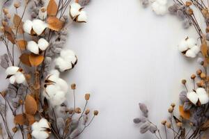höst sammansättning. ram tillverkad av eukalyptus grenar, blommor foto