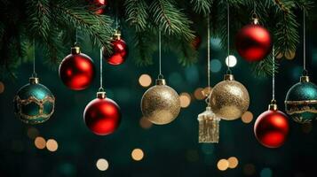 jul ornament delikat hängd på en frodig grön gran träd foto