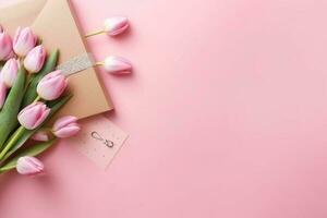 topp se av gåva lådor med bågar buketter av tulpaner kuvert med vykort och strössel på isolerat pastell rosa bakgrund med kopia Plats, generativ ai foto