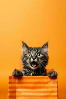 Lycklig katt med handla påsar på en levande orange bakgrund med tömma Plats för text foto