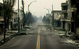 en väg i en förfallen rökig stad med utbränd byggnader. ai, generativ ai foto