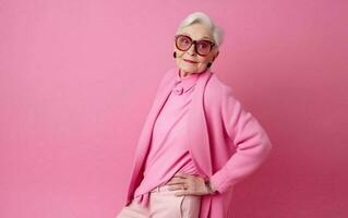 Foto av mogna Söt kvinna Bra humör självsäker intelligent representativ isolerat över rosa Färg bakgrund. ai, generativ ai