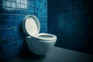 keramisk toalett blå vägg. generera ai foto