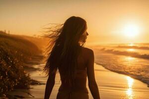 flicka surfare strand solnedgång. generera ai foto