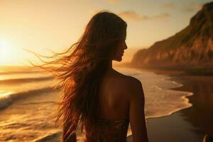 flicka strand solnedgång. generera ai foto