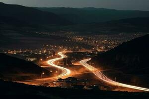 motorväg serpantin natt. generera ai foto