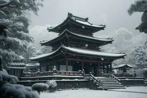 japansk tempel vinter. generera ai foto