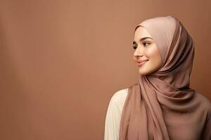 asiatisk muslim kvinna bär hijab leende med kopia Plats. ai genererad foto