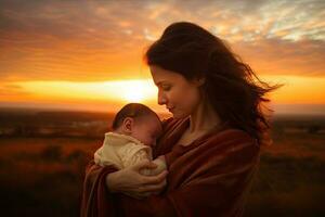 mor innehav henne bebis i en fält under solnedgång. ai genererad foto