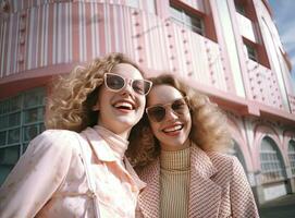 två Lycklig ung kvinnor i solglasögon på de bakgrund av en rosa byggnad. ai genererad foto