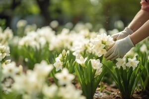 blomsterodling, handskar kvinna händer omtänksam för vit blommor i trädgård. närbild, sida se, kopia Plats. generativ ai foto