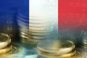 stock marknadsföra investering handel finansiell, mynt och Frankrike flagga eller forex för analysera vinst finansiera företag trend data bakgrund. foto