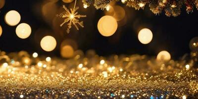 jul dekorationer av bokeh och guld glitter partiklar i de bakgrund, generativ ai. foto