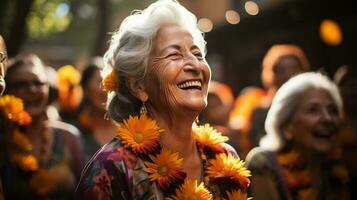 Lycklig senior kvinna dans på de festival generativ ai foto