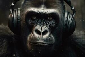 apa i hörlurar lyssnande till musik. fokuserade emotionell ansikte av gorilla lyssnande till audio. djur- generativ ai foto