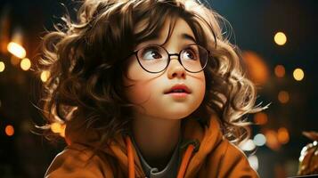 en söt pojke bär specs och Framställ medan tänkande foto
