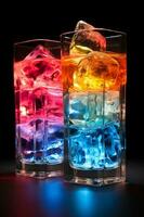 fyra färgrik lysande is kuber i en glas. ai generativ foto