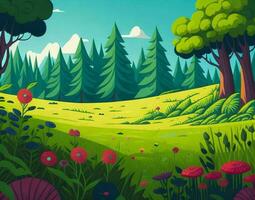 tecknad serie stil skog sommar scen illustration för barn, en lekfull djungel landskap, spel begrepp konst bakgrund, ai genererad foto
