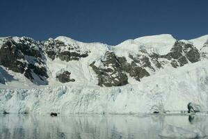 turister tittar på glaciärer och bergen i paradis bukt, antarktisk halvö, antartica.. foto