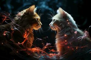 två katter ser varje Övrig mot en mörk bakgrund. ai generativ foto