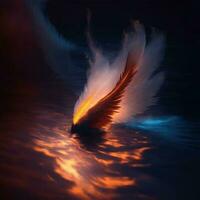 flammande fjädrar flytande på de yta av de hav i en mörk atmosfär foto