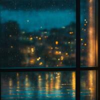 regndroppar faller på de fönsterruta, mot de bakgrund av suddig stad lampor illustration foto