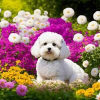 bichon frise i en trädgård full av blommor illustration foto