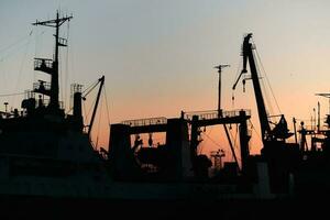 silhuetter av fartyg och behållare kranar i hav hamn foto