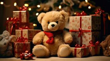 teddy Björn och jul gåva låda ai genererad foto