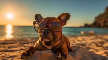 hund bär solglasögon Sammanträde på de strand ai genererad foto