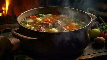 pott av soppa med kött och grönsaker ai genererad foto