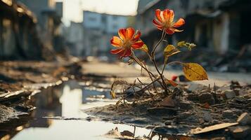 en blomma i de förstörd stad ai genererad foto