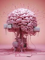 stor rosa mänsklig hjärna med många audio domkraft kablar pluggas i detta barin, 3d framställa, ai generativ foto