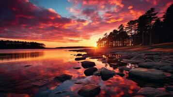 solnedgång över en sjö ai genererad foto