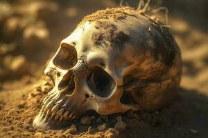 skalle av mänsklig var begravd i jord . skapas förbi generativ ai . foto