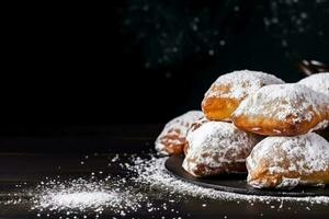 utsökt beignets mörk bakgrund med tömma Plats för text foto